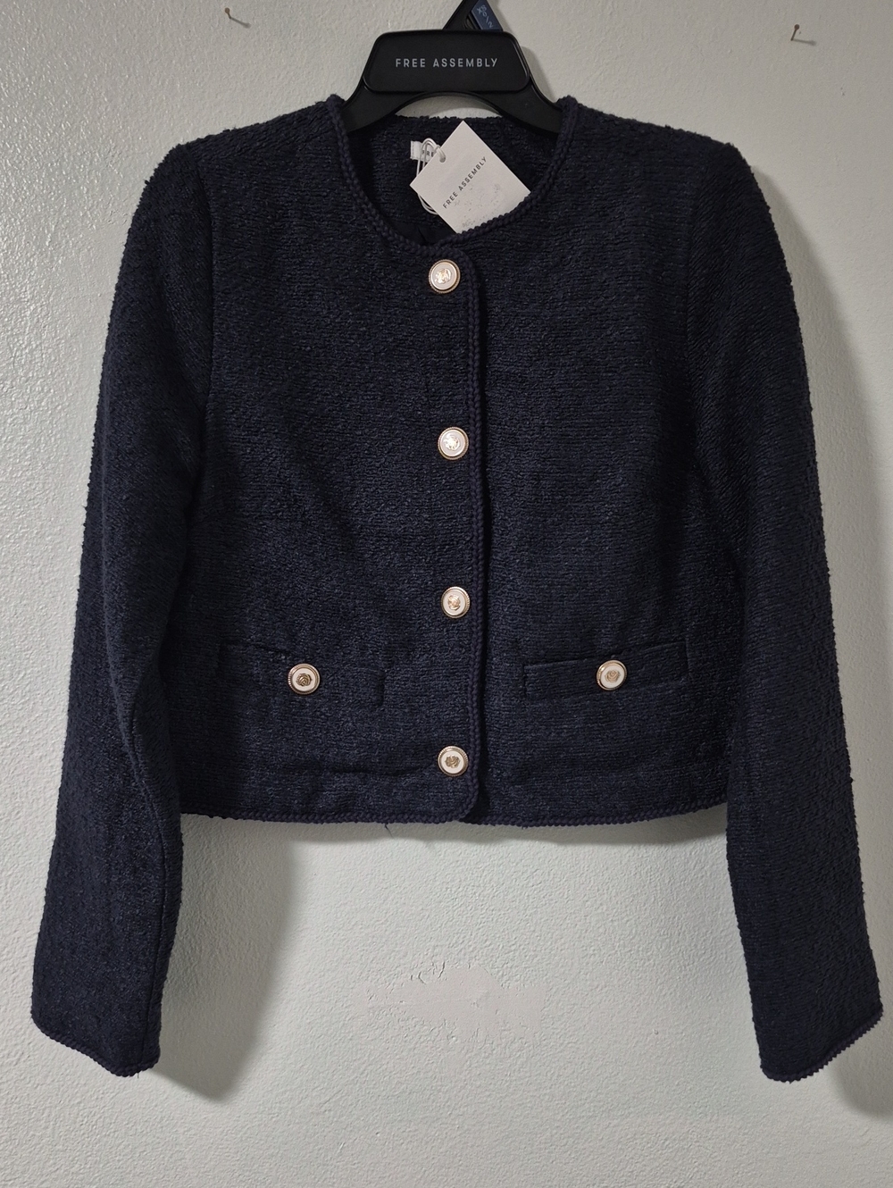 Free Assembly Women's Navy Collarless Cropped Snap Front Jacket